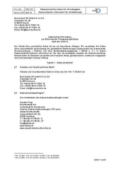 Data protection information for whistleblower