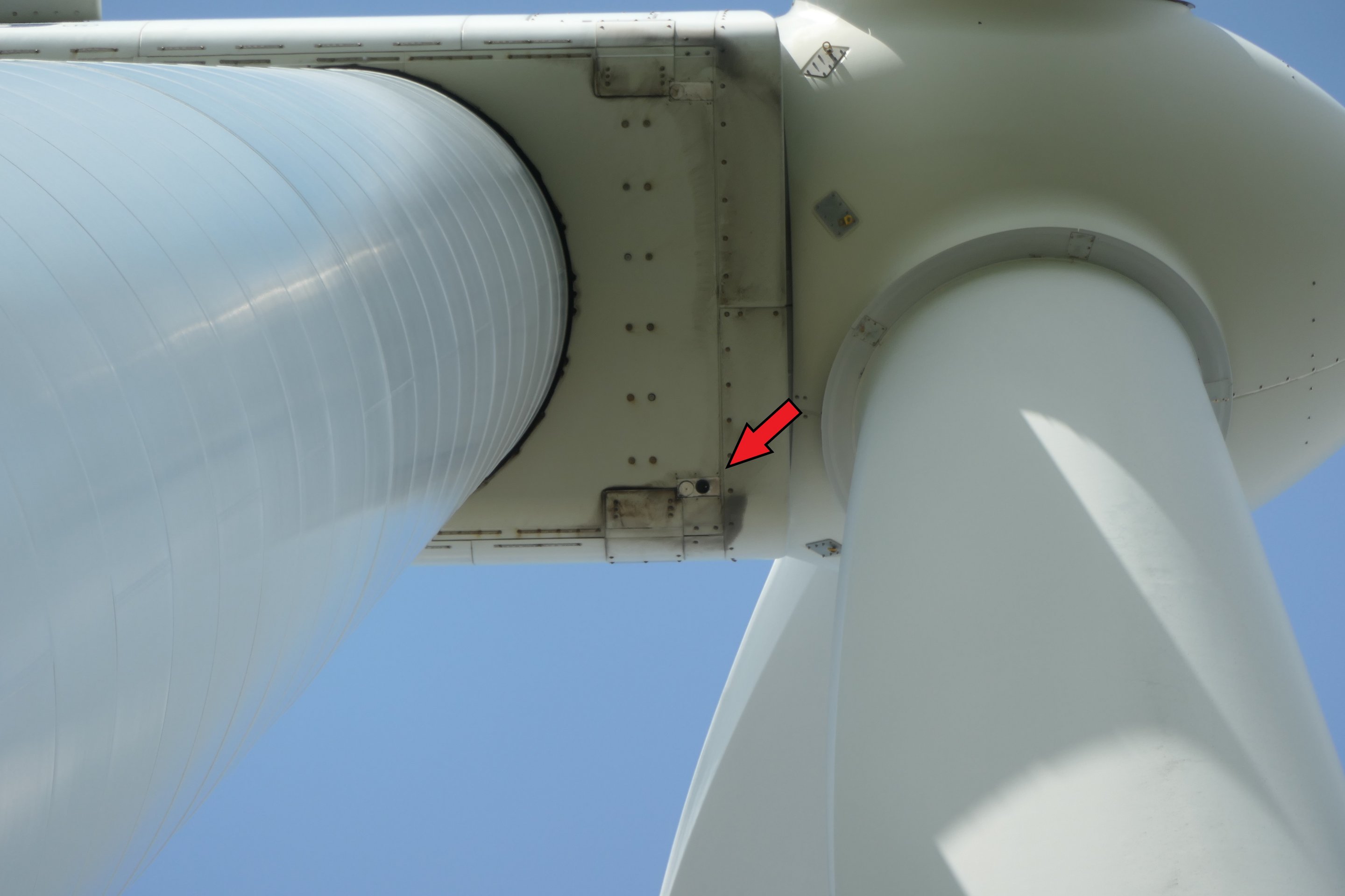 Gondel einer Windenergieanlage. Ein roter Pfeil im Foto zeigt auf die Mikrofonscheibe des Fledermauserfassungsgerätes.