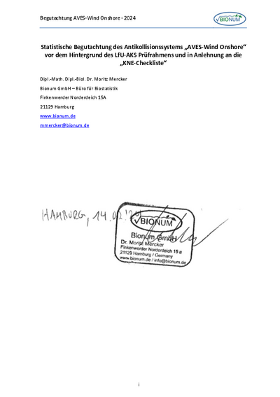 Statistische Begutachtung des Antikollisionssystems „AVES-Wind Onshore“ vor dem Hintergrund des LfU-AKS Prüfrahmens und in Anlehnung an die „KNE-Checkliste“
